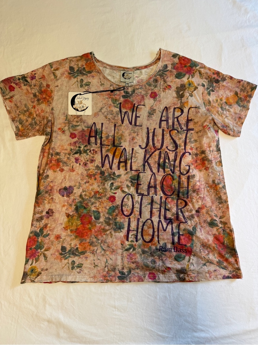 NWT Jaded Gypsy Ram Dass Walking Each Other Home Floral Graphic Tee S/M